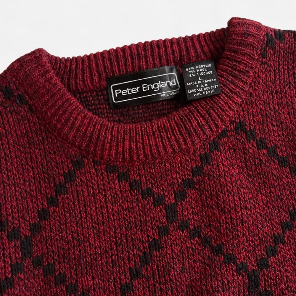 Vintage Peter England Red Black Argyle Knit Crewneck Pullover Sweater L - Picture 2 of 6